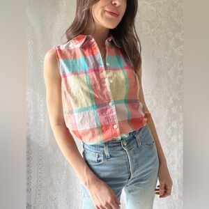 Plaid Sleeveless Button Up Shirt Pink Coral Blue Cotton Casual Top